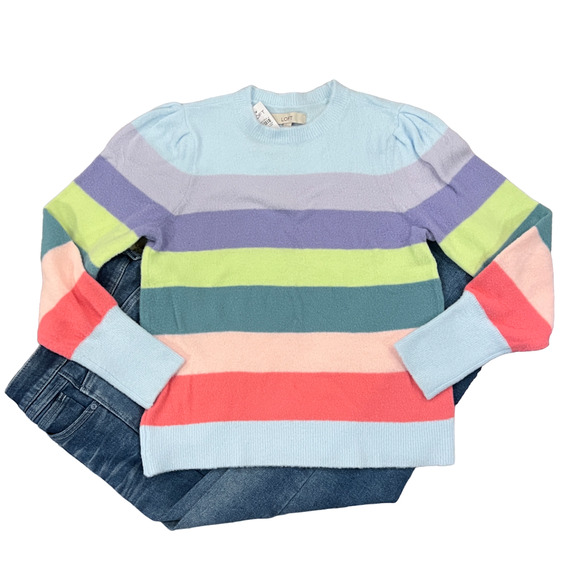 NWT LOFT Luminous Blue Stripe Draped Sleeve Sweater - SIZE LARGE - Picture 1 of 5